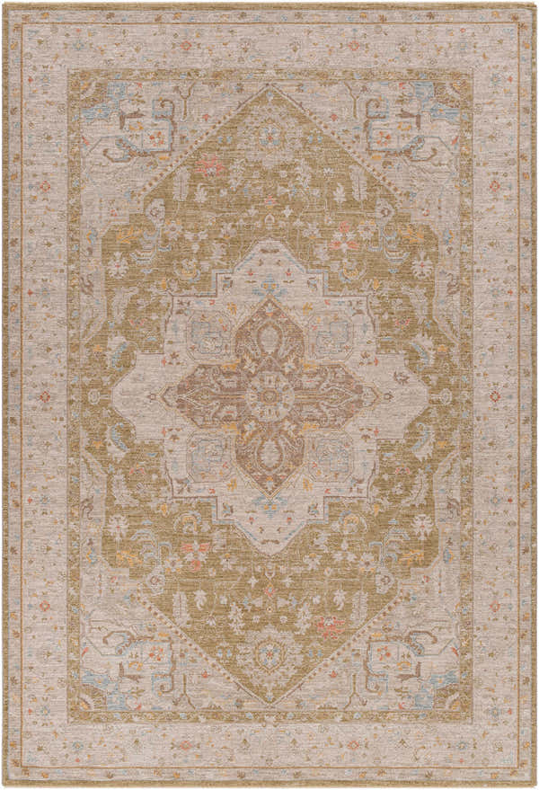 Close-up of the Jago Thick Luxe Area Rug, featuring a traditional design in amber, olive, and gray tones. Design-Rectangle-6796
