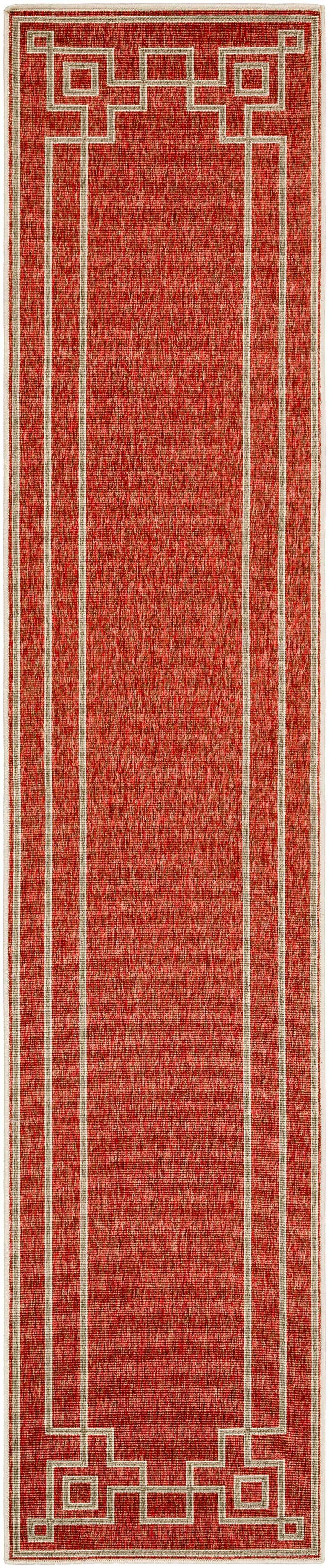 Close-up of the Jarrell Area Rug, a brick red runner with a light beige geometric border and vertical stripes. Design-Runner-23119