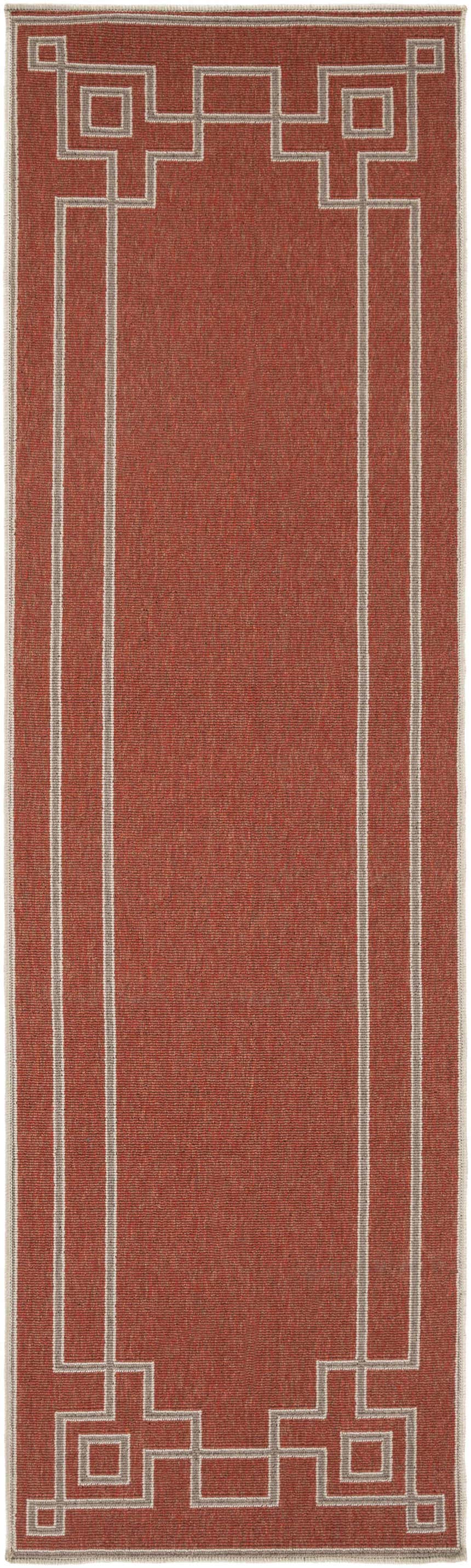 Close-up of the Jarrell Area Rug in brick red with light beige and brown geometric border and stripes. Design-Runner-2379