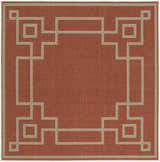 Close-up of the Jarrell Area Rug. Brick red olefin rug with a light beige geometric border pattern. Machine woven. Design-Square-73
