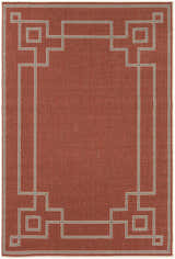 Close-up of the Jarrell Area Rug; brick red olefin rug with a light beige and light brown geometric border. Design-Rectangle-76109