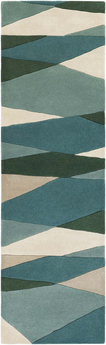 Close-up of the Jarratt Modern Wool Rug, featuring a geometric pattern in cream, sage, teal, and green hues. Design-Runner-268