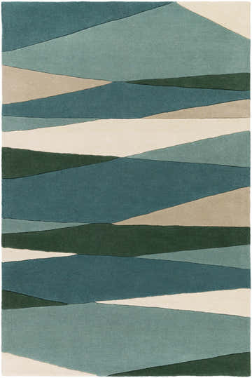 Close-up of the Jarratt Modern Wool Rug, featuring an abstract pattern in cream, teal, sage, and green hues. Design-Rectangle-58