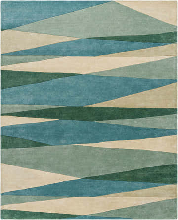 Close-up of the Jarratt Modern Wool Rug. Features an abstract pattern in cream, teal, sage, and green hues. Hand-tufted texture. Design-Rectangle-7696