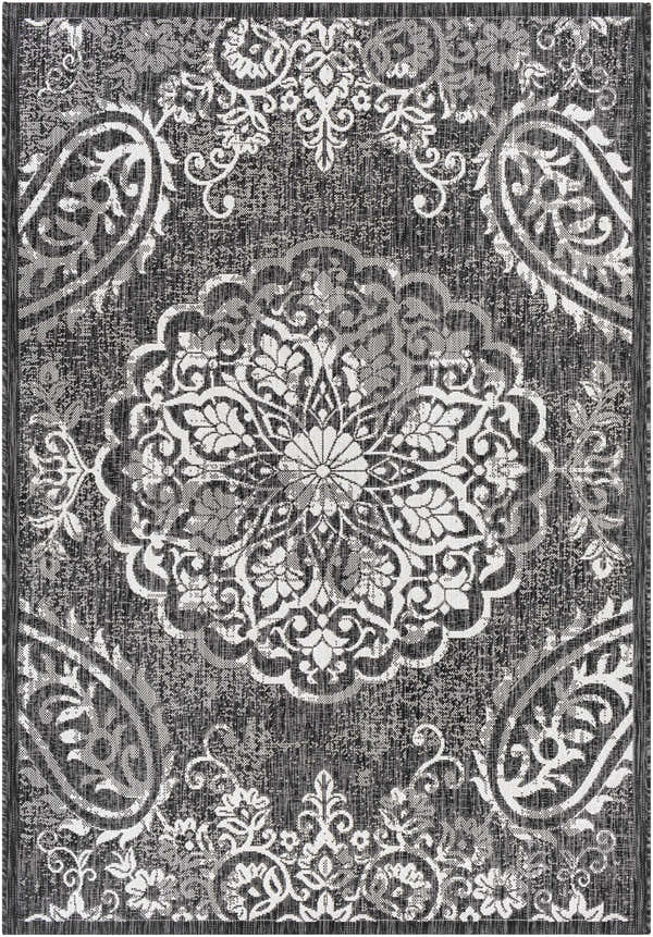 Close-up of the Jesmond Area Rug featuring a black, charcoal, and cream traditional floral and paisley pattern. Design-Rectangle-5377