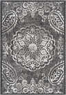 Close-up of the Jesmond Area Rug featuring a black, charcoal, and cream traditional floral and paisley pattern. Design-Rectangle-5377