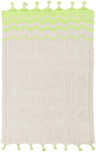 Close-up of the hand woven Johnson Area Carpet. Seafoam and yellow chevron pattern with tassels. Farmhouse style. Design-Rectangle
