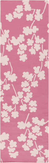 Close-up of the Johnstown Area Carpet. Light beige floral design on a rose pink, hand woven wool rug. Design-Runner-268