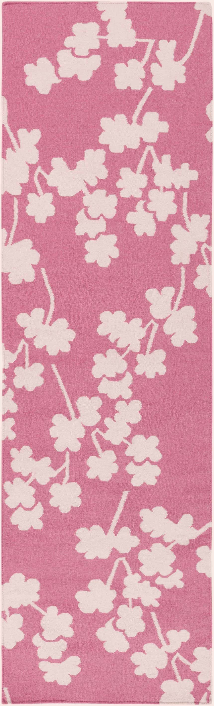 Close-up of the Johnstown Area Carpet. Light beige floral design on a rose pink, hand woven wool rug. Design-Runner-268