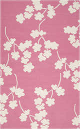 Close-up of the Johnstown Area Carpet, a hand-woven wool rug in light beige and rose with a contemporary floral design. Design-Rectangle-58