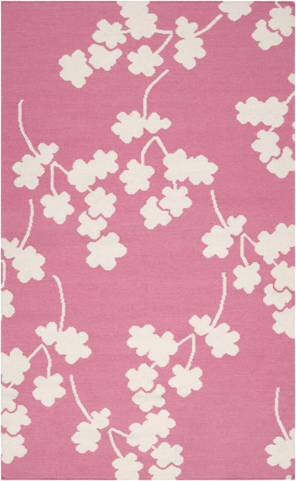 Close-up of the Johnstown Area Carpet, a hand-woven wool rug in light beige and rose with a contemporary floral design. Design-Rectangle-58