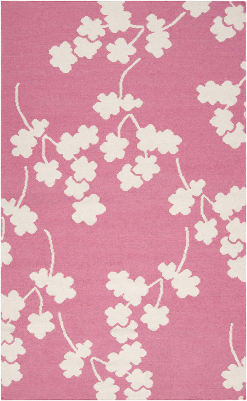 Close-up of the Johnstown Area Carpet, a hand-woven wool rug in light beige and rose with a contemporary floral design. Design-Rectangle-58