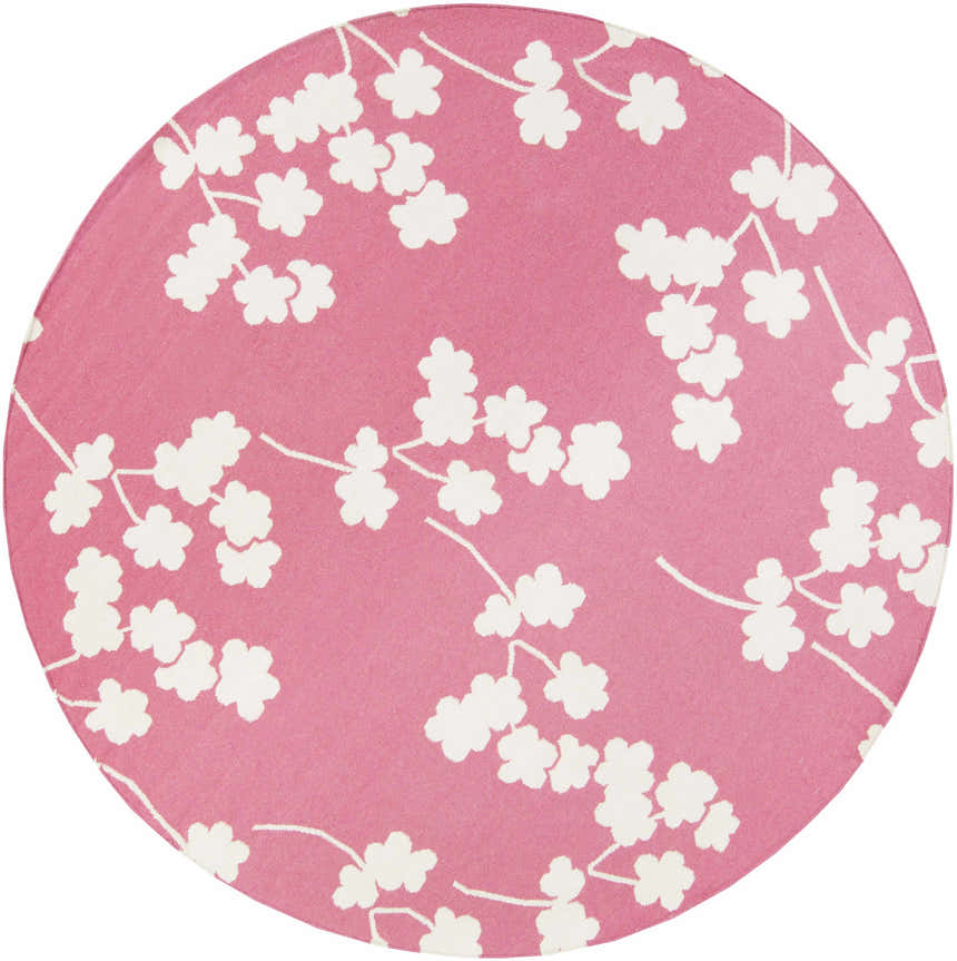 Close-up of the Johnstown Area Carpet. Rose rug with a white floral branch pattern. Hand woven wool texture. Design-Round-8