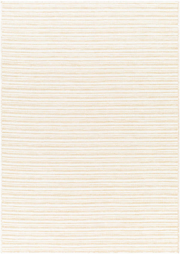 Close-up of the Greg Beige Area Rug, showcasing its subtle horizontal stripe pattern and woven texture. Neutral tones. Design-Rectangle-517