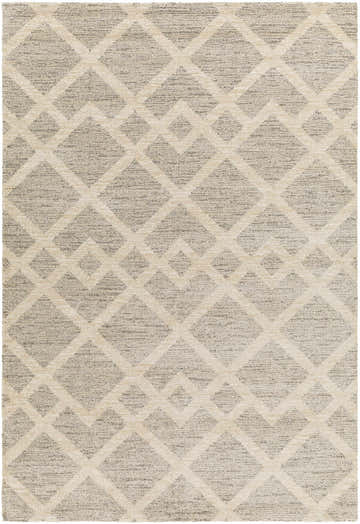 Close-up of the Joed Area Rug; cloud gray and lambswool geometric diamond pattern. Contemporary style. Design-Rectangle-5373