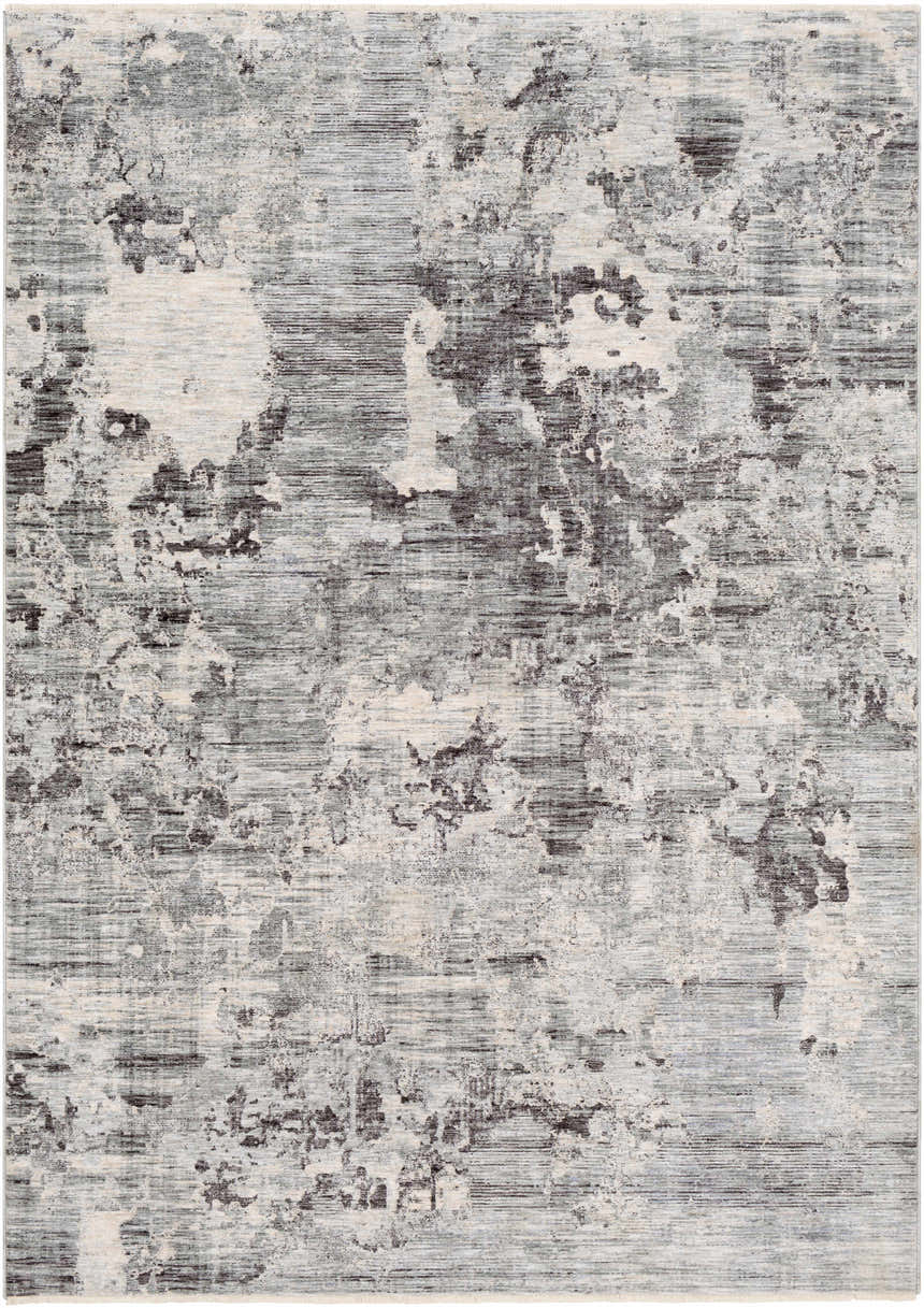 Close-up of the Johnetta Carved Statement Rug. Contemporary design in blue, charcoal, gray, and ivory hues. Abstract pattern. Design-Rectangle-582