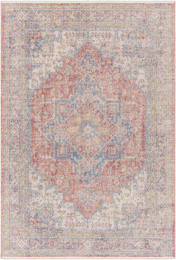 Close-up of the Jrue Area Rug. Traditional oriental rug design in dark blue, ivory, light blue, red, and mustard. Design-Rectangle-537