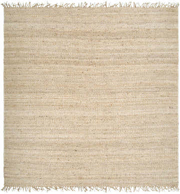 Close-up of the Iantha Jute Rug. Hand-woven rug in bleached jute, ivory, and natural jute colors. Features a subtle pattern and fringe. Design-Square-8
