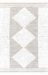 Close-up of the Junction Carpet, a hand-woven wool rug with a geometric diamond pattern in brown, beige, and white. Design-Rectangle-576