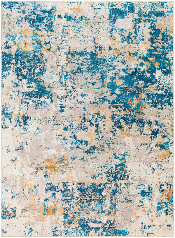 Close-up of the Kabarnet Washable Area Rug, showcasing its contemporary blue, mustard, and oatmeal abstract design. Design-Rectangle-537