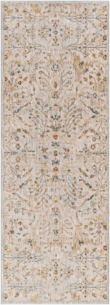 Close-up of the Kabungahan Oushak Style Floral Rug. Features brick red, cream, denim, and light brown floral pattern. Design-Runner-2773