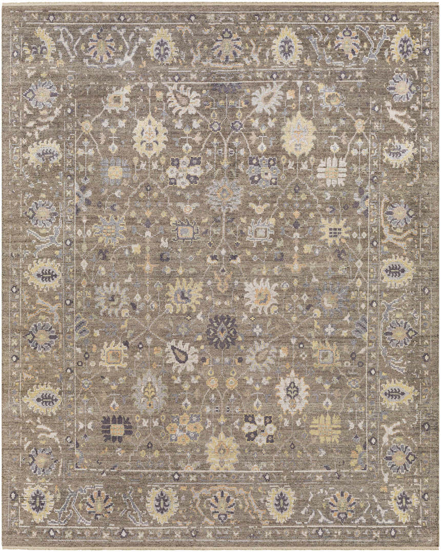 Close-up of the hand-knotted Kajiado Area Rug in charcoal, cream, and pale blue with a traditional floral pattern. Design-Rectangle-810