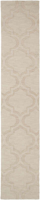 Close-up of the hand-loomed Kake Carpet. Tan wool rug features a contemporary geometric pattern. Great for any room. Design-Runner-2312