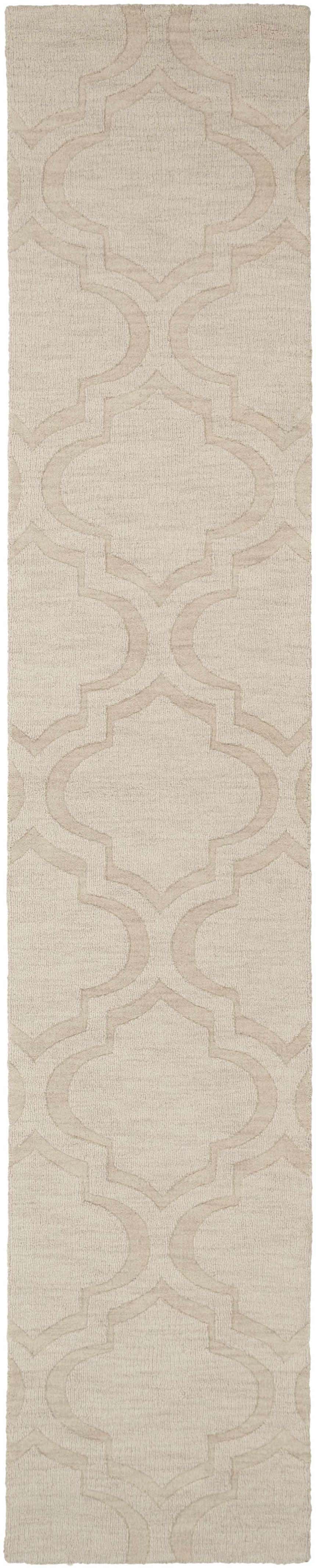 Close-up of the hand-loomed Kake Carpet. Tan wool rug features a contemporary geometric pattern. Great for any room. Design-Runner-2312