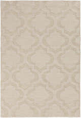 Close-up of the Kake Carpet. Tan wool rug with a contemporary, geometric quatrefoil pattern. Hand-loomed texture. Design-Rectangle-576