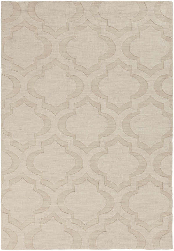 Close-up of the Kake Carpet. Tan wool rug with a contemporary, geometric quatrefoil pattern. Hand-loomed texture. Design-Rectangle-576