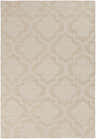 Close-up of the Kake Carpet. Tan wool rug with a contemporary, geometric quatrefoil pattern. Hand-loomed texture. Design-Rectangle-576