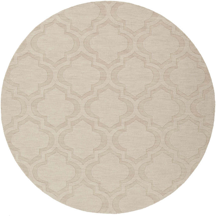 Round Kake Carpet, tan wool rug with a subtle, contemporary quatrefoil pattern. Hand-loomed texture. Design-Round-79
