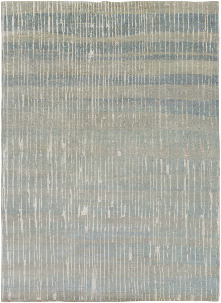 Close-up of the Kalaheo Premium Rug, a hand-knotted wool rug in sage with a contemporary striped pattern. Design-Rectangle-811