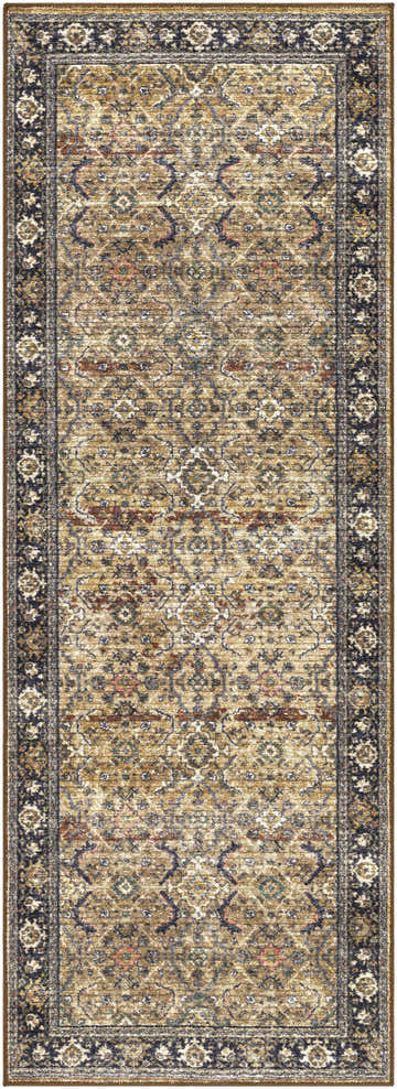 Close-up of the Kalbugan Washable Area Rug. Features a traditional oriental pattern in brick red, cream, and dark blue tones. Design-Runner-2773