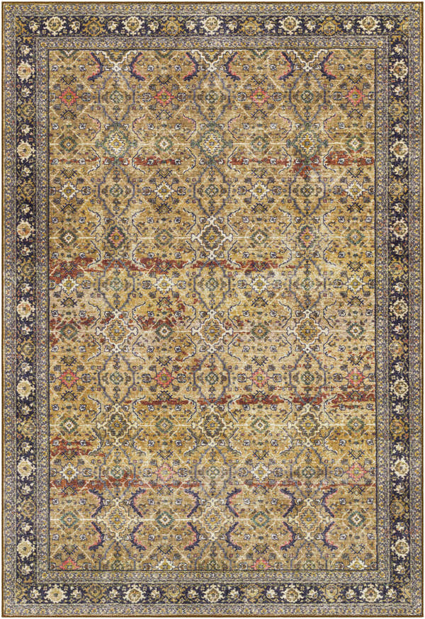 Detailed view of the Kalbugan Washable Area Rug. Features an intricate oriental pattern in brick red, cream, and dark blue. Design-Rectangle-537