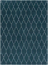 Close-up of the Kamay Area Rug. Teal wool rug with a beige, hand-knotted, geometric trellis pattern. Design-Rectangle-811