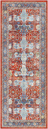 Close-up of the Kangundo Washable Area Rug. Runner rug features a traditional red, blue, and cream oriental pattern. Design-Runner-2773