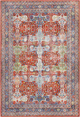 Close-up of the Kangundo Washable Area Rug. Features a traditional, oriental pattern in red, cream, and blue hues. Design-Rectangle-537