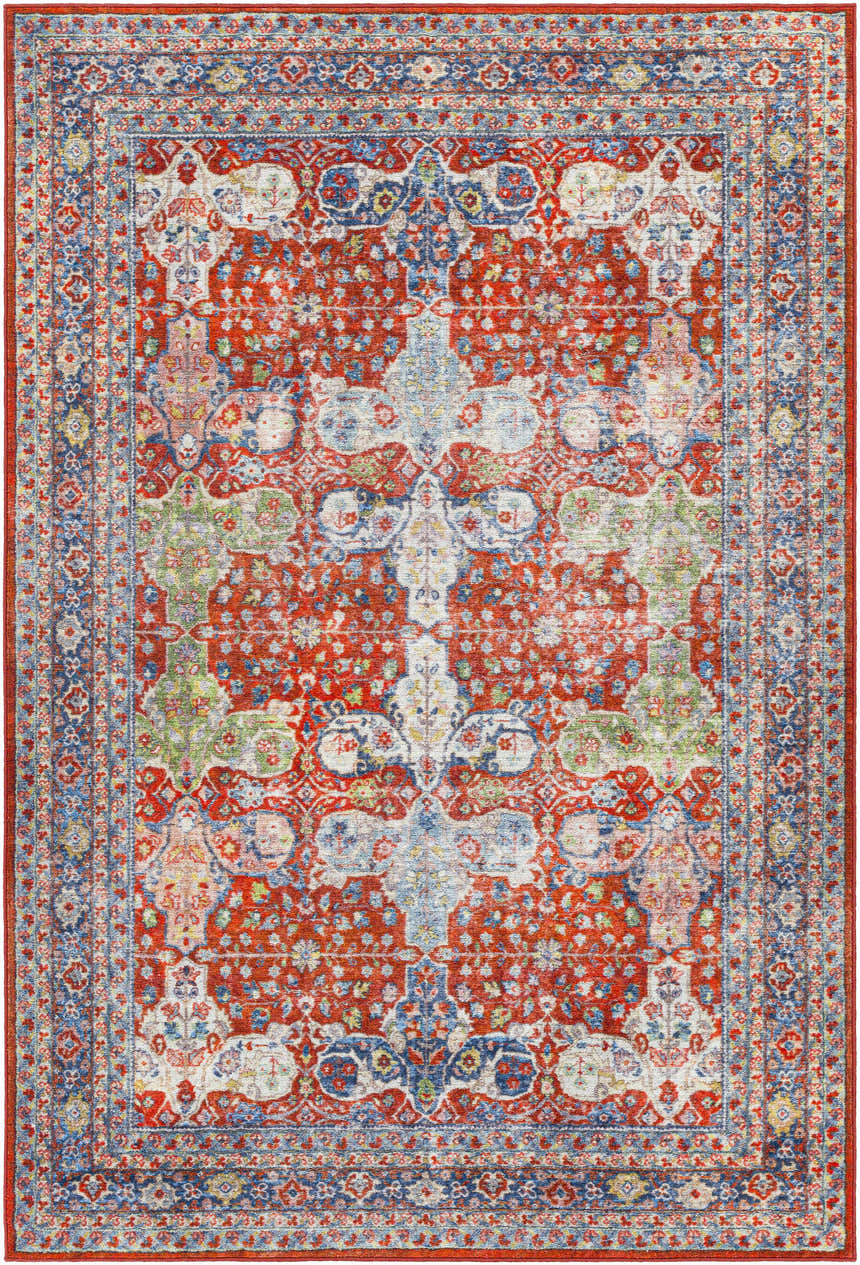 Close-up of the Kangundo Washable Area Rug. Features a traditional, oriental pattern in red, cream, and blue hues. Design-Rectangle-537
