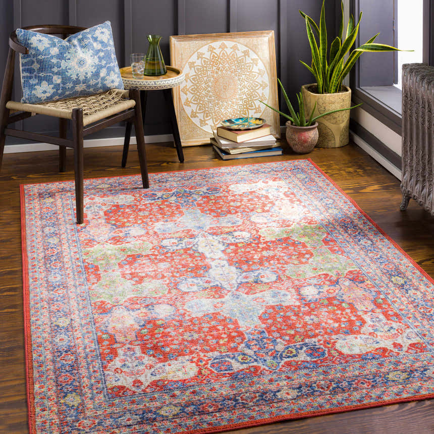 Eclectic room scene with Kangundo Washable Area Rug in red, blue, and cream. Bohemian style with chair, plants, and artwork. Roomscene-Rectangle