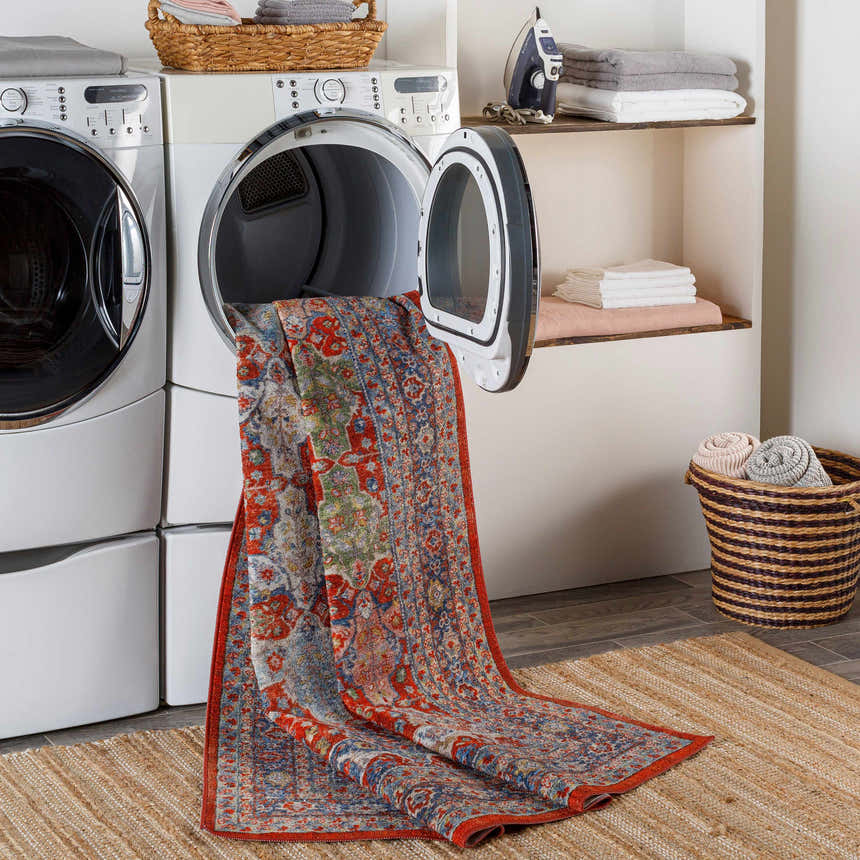 Kangundo Washable Area Rug in laundry room with washer, dryer, and jute rug. Easy care for a busy home. Washing-Machine