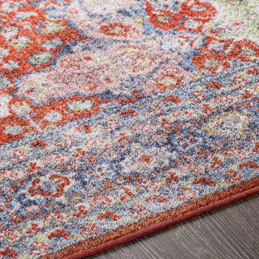 Close-up of the Kangundo Washable Area Rug showing the blush, cream, blue, and red traditional-style pattern. Texture