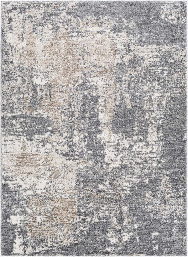Close-up of the Kanwal Area Rug featuring a distressed, abstract pattern in beige, charcoal, gray, and off-white tones. Design-Rectangle-5373