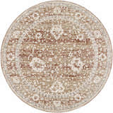 Close-up of a round Kaongkod Area Rug. Traditional oriental design in ivory, medium brown, and dusty pink tones. Design-Round-53