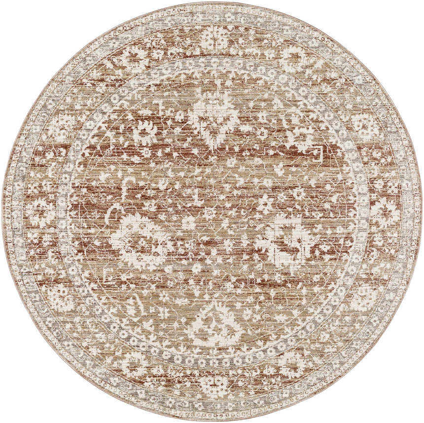 Close-up of a round Kaongkod Area Rug. Traditional oriental design in ivory, medium brown, and dusty pink tones. Design-Round-53
