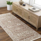 Entryway with a Kaongkod Area Rug runner in dusty pink and ivory, paired with a light wood console table. Roomscene-Runner