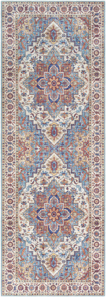 Detailed Kapaa Traditional Area Rug. Bohemian style with beige, blue, and orange floral pattern. Design-Runner-2676