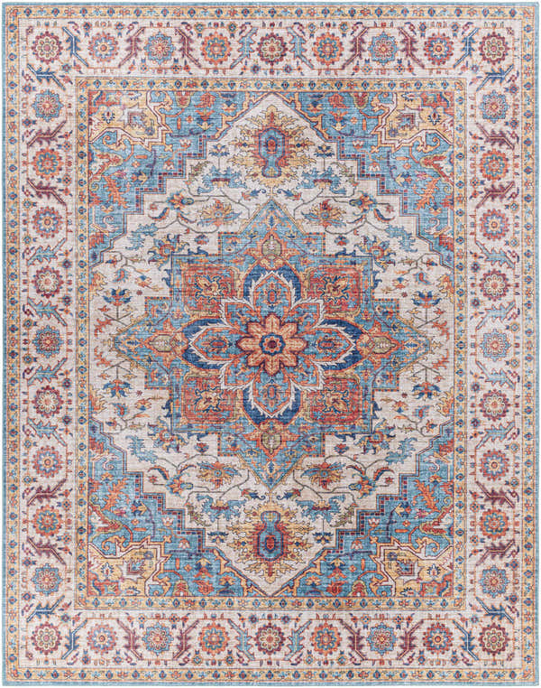 Detailed Kapaa Traditional Area Rug with beige, blue, and orange floral and geometric patterns. Design-Rectangle-7696