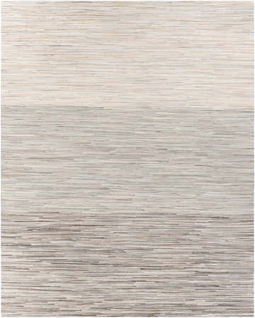 Close-up of the Karabar Premium Area Rug. Hand-crafted hair on hide rug in beige, brown, and gray horizontal stripes. Design-Rectangle-810