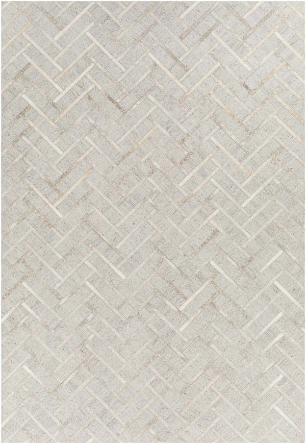 Close-up of the hand-crafted Karacasu Area Rug in cream, light gray, and tan with a contemporary herringbone pattern. Design-Rectangle-576